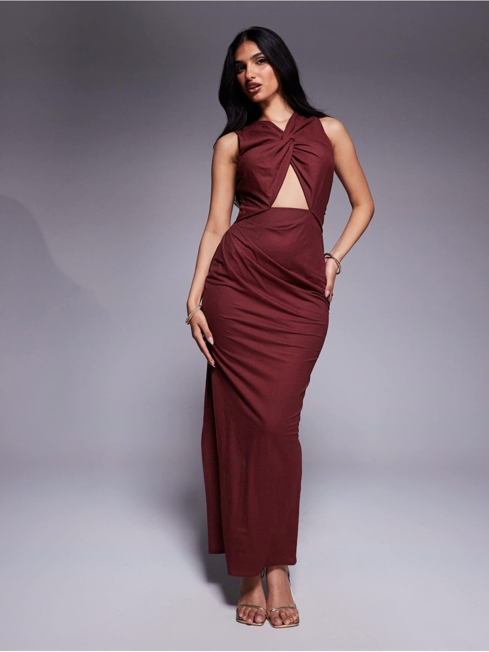 ASOS stretch twist detail midi dress with gold trim back in wine Size US 14